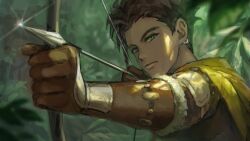Rule 34 | 1boy, arrow (projectile), bow (weapon), brown hair, cape, claude von riegan, closed mouth, drawing bow, earrings, fire emblem, fire emblem: three houses, fon-due (fonfon), glint, gloves, green eyes, highres, holding, holding bow (weapon), holding weapon, jewelry, leather, leather gloves, male focus, nintendo, outdoors, short hair, signature, solo, upper body, weapon, yellow cape