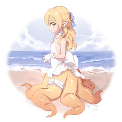 Rule 34 | 1girl, bare shoulders, beach, blonde hair, blue ribbon, bridal garter, closed mouth, dated, dress, from side, full body, hair between eyes, hair ribbon, horizontal pupils, kyuri tizu, long hair, looking at viewer, looking to the side, monster girl, ocean, original, outdoors, own hands together, pointy ears, ribbon, sand, scylla, short eyebrows, signature, sleeveless, sleeveless dress, smile, solo, standing, tentacles, white dress
