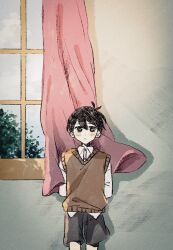 Rule 34 | 1boy, antenna hair, arms behind back, black eyes, black hair, black shorts, blush, brown sweater vest, closed mouth, collared shirt, curtains, day, dot nose, feet out of frame, highres, indoors, looking at viewer, male focus, mkn364, omori, shirt, short hair, shorts, sidelocks, smile, solo, straight-on, sunny (omori), sweater vest, white shirt, window
