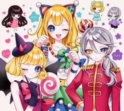 Rule 34 | 6+girls, ;), ;d, animal ears, ao (ao0 0nemu), bad id, bad twitter id, bare shoulders, black gloves, black wings, blonde hair, blue eyes, blush, bow, brown hair, candy, cat ears, character name, chibi, closed mouth, commentary request, crown, dress, dual persona, epaulettes, fake animal ears, finger to cheek, food, gloves, grey hair, hand on own hip, hand up, hands up, hat, heart, heterochromia, highres, jacket, kurosu aroma, lollipop, long hair, looking at viewer, low ponytail, minami mirei, mini crown, mini hat, multicolored clothes, multicolored dress, multiple girls, one eye closed, open mouth, paw pose, pretty series, pripara, prototype design, red jacket, shikyoin hibiki, short hair, smile, swirl lollipop, translation request, wings, witch hat, yellow eyes