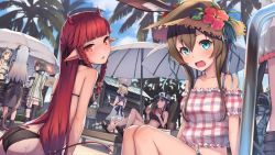 Rule 34 | 6+girls, :d, :q, amiya (arknights), animal, animal ears, arknights, ass, back, baseball cap, bikini, bird, black bikini, blonde hair, blue eyes, blunt bangs, blush, boots, breasts, brown hair, ch&#039;en (arknights), ch'en (arknights), commentary, commentary request, cup, doctor (arknights), drinking, drinking glass, feather hair, female tourist c (arknights), flower, food, gummy (arknights), gummy (summer flowers) (arknights), hair between eyes, hat, horns, ice cream, ifrit (arknights), ifrit (sunburn) (arknights), long hair, multiple girls, navel, official alternate costume, open mouth, palm tree, parasol, pointy ears, rabbit ears, rose, ryuinu, sailor collar, sandals, saria (arknights), see-through, silence (arknights), single thighhigh, sitting, skirt, smile, straw hat, sweatdrop, swimsuit, symbol-only commentary, tail, thighhighs, tongue, tongue out, tree, umbrella, vigna (arknights), vigna (casual vacation) (arknights)