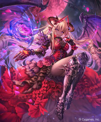Rule 34 | 1girl, armor, armored dress, bat (animal), blonde hair, boots, branch, breasts, character request, claws, corset, dark-skinned female, dark skin, dragon wings, dress, earrings, energy ball, fang, flower, flower ornament, full body, gauntlets, head wings, highres, horns, jewelry, large breasts, long hair, madogawa, moon, night, night sky, open mouth, pink eyes, pointy ears, purple eyes, red dress, red flower, red moon, red rose, ribbon, rose, shadowverse, skirt, sky, smile, tree, very long hair, wings