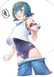 Rule 34 | !, 1girl, :o, armpits, artist name, bare arms, bare shoulders, blue eyes, blue hair, blue pants, blush, breasts, bright pupils, cameltoe, clenched hand, clothes pull, covered navel, creatures (company), crop top, crop top overhang, cropped legs, eyelashes, fingernails, fishing hook, fishing line, fpanda, game freak, glint, hairband, highres, holding, holding poke ball, lana (pokemon), matching hair/eyes, nintendo, one-piece swimsuit, pants, pants pull, poke ball, poke ball (basic), pokemon, pokemon sm, school swimsuit, short hair, simple background, skin tight, sleeveless, small breasts, solo, spoken exclamation mark, surprised, swimsuit, swimsuit under clothes, trial captain, wet, white background