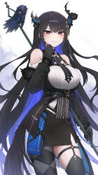 Rule 34 | 1girl, absurdres, akaharuu, asymmetrical horns, belt, bird, black belt, black gloves, black hair, black necktie, black skirt, black thighhighs, black wings, blue hair, blush, breasts, clothing cutout, collared shirt, colored inner hair, crow, demon horns, feathered wings, gloves, highres, hololive, hololive english, horns, large breasts, long hair, looking at viewer, low wings, mole, mole under eye, multicolored hair, necktie, nerissa ravencroft, nerissa ravencroft (1st costume), red eyes, shadow (nerissa ravencroft), shirt, shoulder cutout, skirt, smile, thigh strap, thighhighs, virtual youtuber, waistcoat, white shirt, wings