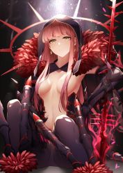 Rule 34 | 1girl, blunt bangs, breasts, cleavage, commentary request, cosplay, cu chulainn (fate), cu chulainn (fate) (all), cu chulainn (fate/stay night), cu chulainn alter (fate), cu chulainn alter (fate/grand order), cu chulainn alter (fate/grand order) (cosplay), cu chulainn alter (third ascension) (fate), earrings, fate/grand order, fate (series), feather trim, hair over breasts, highres, hood, jewelry, koruta (nekoimo), lancer, long hair, looking at viewer, medb (fate), medium breasts, navel, pink hair, sidelocks, sitting, solo, very long hair, yellow eyes