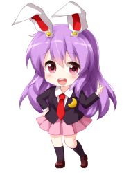 Rule 34 | 1girl, animal ears, black jacket, black socks, blazer, blush, brown footwear, chibi, commentary request, crescent, crescent pin, full body, highres, jacket, kneehighs, light purple hair, loafers, long hair, long sleeves, necktie, open mouth, pink skirt, pleated skirt, pointing, purple hair, rabbit ears, red eyes, red necktie, reisen udongein inaba, ruu (tksymkw), shirt, shoes, simple background, skirt, socks, teeth, touhou, upper teeth only, very long hair, white background, white shirt