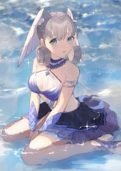 Rule 34 | 1girl, blue eyes, braid, breasts, commentary request, crown braid, curly hair, head wings, highres, juliet sleeves, kneeling, long sleeves, looking at viewer, medium breasts, melia antiqua, mirin., parted lips, partially submerged, puffy sleeves, sitting, solo, thighhighs, wariza, wings, xenoblade chronicles: future connected, xenoblade chronicles (series), xenoblade chronicles 1