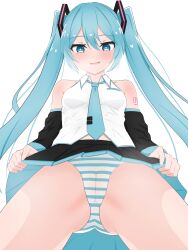 Rule 34 | 1girl, aqua hair, aqua necktie, bare shoulders, black sleeves, blue eyes, blush, breasts, cameltoe, cleft of venus, clothes lift, collared shirt, detached sleeves, from below, hair between eyes, hair ornament, hatsune miku, highres, kkethics, long hair, looking at viewer, necktie, number tattoo, open mouth, panties, pleated skirt, shirt, skirt, skirt lift, sleeveless, sleeveless shirt, small breasts, solo, striped clothes, striped panties, tattoo, twintails, underwear, vocaloid, white shirt