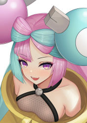 Rule 34 | 1girl, abeen jhong, aqua hair, bare shoulders, bow-shaped hair, breasts, brown shirt, character hair ornament, collarbone, creatures (company), game freak, gen 1 pokemon, hair ornament, hexagon print, highres, iono (pokemon), jacket, light blush, looking at viewer, lower teeth only, magnemite, mixed-language commentary, multicolored hair, nintendo, open mouth, oversized clothes, pink hair, pokemon, pokemon sv, purple eyes, sharp teeth, shirt, simple background, sleeveless, sleeveless shirt, small breasts, smile, solo, split-color hair, teeth, two-tone hair, white background, x, yellow jacket