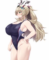 Rule 34 | 1girl, bare shoulders, blonde hair, breasts, cleavage, collarbone, competition swimsuit, covered erect nipples, covered navel, barghest (fate), fate/grand order, fate (series), green eyes, highleg, highleg swimsuit, highres, large breasts, long hair, namidame, one-piece swimsuit, ponytail, solo, swimsuit, thighs, two-tone swimsuit