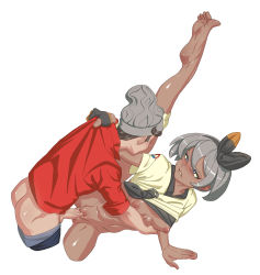 Rule 34 | 1boy, 1girl, absurdres, ass, barefoot, bea (pokemon), beanie, bow hairband, breasts, cable knit, clothes pull, commentary request, creatures (company), dark-skinned female, dark skin, game freak, gloves, grey eyes, grey hair, grey headwear, hairband, hat, hetero, highres, knee pads, leg up, monster frog, nintendo, nipples, pants, pants pull, parted lips, partially fingerless gloves, penis, pokemon, pokemon swsh, pussy, red shirt, sex, shiny skin, shirt, short hair, short sleeves, sleeves rolled up, soles, spread legs, toes, vaginal, victor (pokemon), yellow shirt