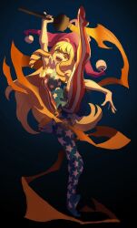 Rule 34 | 1girl, american flag legwear, american flag shirt, black background, blonde hair, clownpiece, commentary, full body, hat, highres, holding, holding torch, jester cap, long hair, looking at viewer, neck ribbon, nezo, pantyhose, purple hat, red eyes, ribbon, sharp teeth, simple background, solo, split, standing, standing on one leg, standing split, star (symbol), star print, striped clothes, striped pantyhose, teeth, torch, touhou