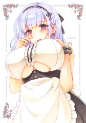Rule 34 | 1girl, apron, azur lane, bare shoulders, black hairband, blush, breasts, clothing cutout, crying, crying with eyes open, dido (azur lane), earrings, frills, hairband, highres, jewelry, large breasts, long hair, looking at viewer, maid, marker (medium), purple eyes, silky (silky alice), silver hair, sleeveless, solo, tears, traditional media, underboob, underboob cutout, waist apron, white apron