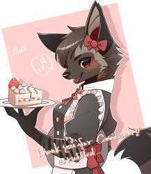 Rule 34 | 1girl, black hair, blush, body fur, borrowed character, bow, cake, fangs, female focus, food, furry, furry female, holding, holding plate, looking at viewer, musical note, nachiwanko, original, plate, red bow, sideways glance, solo, spoken musical note