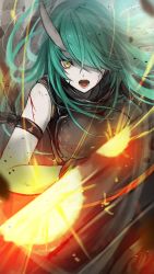 Rule 34 | 1girl, action, arknights, armband, armor, black shirt, blood, blood on arm, blood on face, breasts, cowboy shot, debris, denken, green hair, hair over one eye, highres, horns, hoshiguma (arknights), injury, large breasts, long hair, looking at viewer, open mouth, shield, shirt, single horn, skin-covered horns, sleeveless, sleeveless shirt, solo, sparks, teeth, turtleneck, wind, yellow eyes