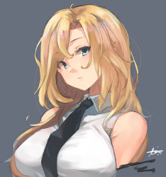 Rule 34 | 1girl, black necktie, blonde hair, breasts, commentary request, dress shirt, grey background, grey eyes, highres, hornet (kancolle), kantai collection, large breasts, long hair, looking at viewer, necktie, shirt, simple background, sleeveless, sleeveless shirt, solo, sunday aki, white shirt