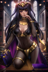 Rule 34 | 1girl, artist name, ayya sap, black hair, black nails, blurry, blurry background, blush, bodystocking, bodysuit, book, breasts, bridal gauntlets, cape, cleavage, covered navel, finger to mouth, fire emblem, fire emblem awakening, light blush, light particles, looking at viewer, nail polish, nintendo, parted lips, patreon username, pelvic curtain, purple eyes, see-through, see-through bodysuit, smile, solo, tharja (fire emblem), thighlet, tiara, twintails, watermark, web address