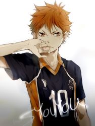 Rule 34 | 10s, 1boy, character name, clothes writing, frown, gradient background, haikyuu!!, hinata shouyou, looking at viewer, male focus, matching hair/eyes, orange eyes, orange hair, shina-love, short hair, short sleeves, solo, sportswear, sweat, volleyball uniform, wiping mouth