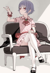 Rule 34 | 1girl, alternate hair length, alternate hairstyle, artist name, ascot, bat wings, black footwear, black wings, blue hair, blush, brooch, chair, chinese commentary, commentary request, crossed legs, dress, female focus, fkey, full body, grey background, hand on own knee, hand up, highres, jewelry, looking at viewer, mary janes, nail polish, no headwear, panties, panty peek, pink dress, puffy short sleeves, puffy sleeves, red ascot, red eyes, red nails, red sash, remilia scarlet, sash, shadow, shoes, short dress, short hair, short sleeves, signature, simple background, sitting, solo, thighhighs, thighs, touhou, underwear, very short hair, white thighhighs, wings, wrist cuffs