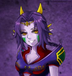 Rule 34 | 1girl, artist name, braid, braided ponytail, breasts, cleavage, colored skin, commission, facial mark, grin, horns, looking at viewer, lowres, majora (entity), medium breasts, multicolored clothes, nintendo, personification, ponytail, purple background, purple hair, purple skin, smile, solo, tagme, the legend of zelda, the legend of zelda: majora&#039;s mask, tiara, watermark, web address, yellow eyes, yellow horns, yuffietheswift