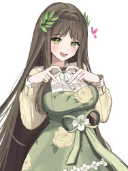 1girl 4-finger_heart_hands :d black_survival blush brown_hair clover collared_dress commentary dress dress_ribbon english_commentary eternal_return:_black_survival floral_print green_dress green_eyes gweon_sua hair_branch hair_intakes head_tilt heart heart_hands highres long_hair long_sleeves looking_at_viewer open_mouth parted_hair shamrock simple_background smile solo symbol-shaped_pupils teeth tojong_sakura upper_teeth_only very_long_hair white_background