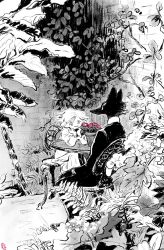 Rule 34 | 1girl, chair, flower, formal, furry, furry male, greyscale, leaf, long sleeves, looking at viewer, milsae, monochrome, no nose, original, pink flower, plant, sitting, spot color, suit, table, werewolf, white hair, wide shot