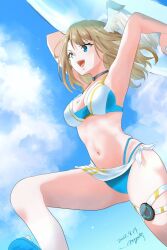 Rule 34 | 1girl, :d, arms up, bikini, black choker, blue eyes, breast tattoo, breasts, choker, commentary request, dated, eunie (xenoblade), head wings, holding, holding swim ring, innertube, long hair, medium breasts, medium hair, nayuta-kanata, official alternate costume, open mouth, sandals, smile, solo, swim ring, swimsuit, tattoo, teeth, thigh strap, upper teeth only, white wings, wings, xenoblade chronicles (series), xenoblade chronicles 3