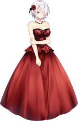 Rule 34 | 1girl, artwhirl mahou gakuen no otome-tachi, bare arms, bare shoulders, breasts, claudia (artwhirl), cleavage, closed mouth, collarbone, dress, evening gown, flower, full body, hair flower, hair ornament, hair over one eye, highres, jewelry, large breasts, long dress, looking at viewer, necklace, purple eyes, red dress, red flower, red rose, rose, short hair, smile, solo, standing, strapless, strapless dress, transparent background, white hair, zinno