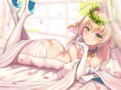 Rule 34 | 10s, 1girl, ahoge, artist name, ass, backless outfit, blonde hair, blush, bodysuit, boots, breasts, butt crack, chain, cleavage, detached collar, elbow gloves, fate/extra, fate/extra ccc, fate (series), feet up, full body, gloves, green eyes, hair intakes, hair ribbon, head rest, head wreath, high heel boots, high heels, highres, lock, looking at viewer, lying, medium breasts, nero claudius (bride) (fate), nero claudius (bride) (third ascension) (fate), nero claudius (fate), nero claudius (fate) (all), on stomach, padlock, petals, ribbon, smile, solo, sunday se7en, the pose, veil, white bodysuit, white footwear, white gloves, white ribbon, zipper