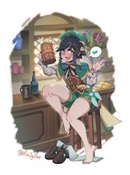 Rule 34 | 1boy, bar (place), bare legs, barefoot, beer mug, beret, black hair, blue hair, blush, braid, cape, chair, collared cape, commentary, cup, drunk, english commentary, feet, flower, frilled sleeves, frills, full body, genshin impact, gradient hair, green cape, green eyes, green hat, green shorts, grey thighhighs, hands up, hat, hat flower, heart, highres, holding, knee up, legs, looking at viewer, male focus, motion lines, mug, multicolored hair, open mouth, shadow, shoes, shorts, side braids, sin (sintrybest), sitting, solo, spoken heart, thighhighs, thighs, toes, trap, twitter username, unworn shoes, unworn thighhighs, venti (genshin impact), waving