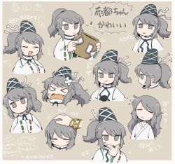 Rule 34 | &gt;o&lt;, 1girl, = =, akikaze cp, blush, character print, grey eyes, grey hair, hand on own cheek, hand on own face, hands in opposite sleeves, happy, hat, headpat, japanese clothes, jar, kariginu, long hair, mononobe no futo, multiple views, musical note, open mouth, petting, ponytail, ribbon, ribbon-trimmed sleeves, ribbon trim, simple background, sleepy, smile, smirk, squeans, sweatdrop, talisman, tate eboshi, thinking, touhou, toyosatomimi no miko, translation request, two-tone background, whistling, wrist cuffs