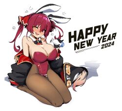 Rule 34 | 1girl, absurdres, alcohol, animal ears, bare shoulders, blush, bottle, breasts, brown pantyhose, bust cup, cleavage, detached collar, drunk, fake animal ears, fang, full body, hair between eyes, happy new year, heterochromia, highres, holding, holding bottle, hololive, houshou marine, large breasts, leotard, long hair, looking at viewer, new year, open mouth, pantyhose, penguru 086, playboy bunny, rabbit ears, red eyes, red hair, red leotard, sake, seiza, sitting, solo, squeans, tokkuri, virtual youtuber, wakamezake, white background, yellow eyes
