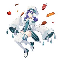 Rule 34 | +intro+, 1girl, apple, aqua eyes, bare shoulders, blue hair, boots, bread, cabbie hat, candy, candy wrapper, capelet, chicken (food), chocolate chip cookie, cookie, covered navel, cup, dango, dark blue hair, disposable cup, drinking straw, eating, final gear, food, fried chicken, fruit, full body, hair tie, hat, highres, holding, holding food, holding stick, jacket, long sleeves, looking to the side, medium hair, off-shoulder capelet, off shoulder, official art, one eye closed, pearl (final gear), pearl ornament, red apple, see-through, see-through capelet, simple background, sleeves past fingers, sleeves past wrists, solo, stick, strap, tachi-e, thigh boots, third-party source, twintails, two-sided fabric, two-sided jacket, two-sided sleeves, two-tone footwear, very long sleeves, wagashi, white background, white capelet, white footwear, white hat, white jacket, white sleeves, wide sleeves, wrapped candy