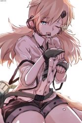 Rule 34 | 1girl, backlighting, bag, black shorts, blonde hair, collared shirt, dress shirt, fang, fingerless gloves, girls&#039; frontline, gloves, grey eyes, grey gloves, headset, idw (girls&#039; frontline), looking at viewer, nekoya (liu), one eye closed, open clothes, open mouth, open shirt, paw pose, shirt, short shorts, shorts, shoulder bag, sitting, sleeves rolled up, solo, suspender shorts, suspenders, tears, twintails