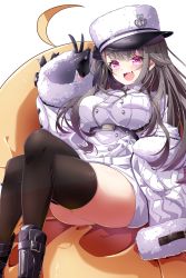 Rule 34 | 1girl, :d, absurdres, anchor symbol, azur lane, black bow, black footwear, black gloves, black hair, black thighhighs, blush, boots, bow, breast pocket, breasts, coat, coat dress, collared dress, commentary, cowboy shot, crossed legs, dress, fang, fur-trimmed coat, fur trim, gloves, hair between eyes, hair bow, hand up, hat, highres, knee boots, large breasts, leer.meer, long hair, long sleeves, looking at viewer, manjuu (azur lane), off-shoulder coat, off shoulder, one side up, open mouth, padded coat, pamiat merkuria (azur lane), pocket, purple eyes, short dress, sidelocks, sitting, skin fang, skindentation, smile, solo, swept bangs, thighhighs, transparent background, underbust, v, white coat, white hat