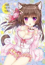 Rule 34 | 1girl, ameto yuki, animal ear fluff, animal ears, blunt bangs, blush, braid, breasts, bright pupils, brown hair, cat ears, cat tail, cleavage, cookie, cowboy shot, cup, flower, food, french braid, frilled skirt, frills, hair flower, hair ornament, hair ribbon, hairclip, heart, highres, holding, holding cup, hot chocolate, large breasts, long hair, long sleeves, looking at viewer, miniskirt, mug, navel, open mouth, original, purple eyes, ribbon, skirt, solo, star (symbol), tail