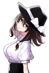 Rule 34 | 1girl, absurdres, black skirt, bow, breasts, brown eyes, brown hair, cropped torso, fedora, hat, hat bow, highres, looking at viewer, medium breasts, puffy short sleeves, puffy sleeves, shirt, short hair, short sleeves, skirt, surume (kvpsurume), touhou, usami renko, white bow, white shirt
