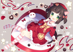 Rule 34 | 1girl, animal ears, azur lane, bow, brown hair, candy, cat ears, cat tail, chocolate, chocolate heart, dress, fang, finger to mouth, food, green eyes, hair bow, hat, heart, kneehighs, knees together feet apart, lying, mutsuki (azur lane), on back, open mouth, red dress, red hat, ribbon, sailor collar, sailor dress, short dress, short hair, short twintails, smile, socks, solo, striped clothes, striped socks, tail, tsukimi (xiaohuasan), twintails