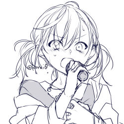 Rule 34 | 1girl, azusawa kohane, blush, greyscale, hair between eyes, hands up, holding, holding microphone, jacket, kuroi (liar-player), microphone, monochrome, nose blush, open clothes, open jacket, open mouth, project sekai, shirt, simple background, sketch, solo, sweat, twintails, twitter username, upper body, v-shaped eyebrows, white background