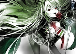 Rule 34 | 1girl, absurdres, aiguillette, azur lane, black jacket, cape, flower, green cape, green hair, highres, holding, holding sword, holding weapon, jacket, leaning forward, littorio (azur lane), long hair, looking at viewer, medal, necktie, pantyhose, red eyes, red flower, red necktie, red rose, rose, shometsu-kei no teruru, simple background, solo, sword, very long hair, weapon