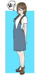 Rule 34 | 1girl, absurdres, arms behind back, black-framed eyewear, blue dress, brown eyes, brown hair, casual, dress, flat chest, full body, glasses, glasses girl (makai), hair over shoulder, highres, holding own arm, long hair, low twintails, makai, original, shoes, sketch, solo, standing, twintails