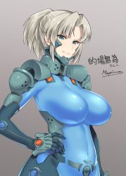 Rule 34 | 1girl, blonde hair, bodysuit, breasts, brown background, commission, covered navel, fikatsia latrova, fortified suit, green eyes, hair behind ear, hand on own hip, highres, impossible bodysuit, impossible clothes, large breasts, looking at viewer, makishima azusa, muv-luv, muv-luv alternative, muv-luv total eclipse, parted bangs, pilot suit, ponytail, signature, skeb commission, skin tight, smile, solo, upper body
