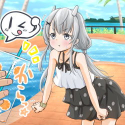 Rule 34 | 1girl, blush, closed mouth, collarbone, drinking straw, grey eyes, grey hair, hair ornament, headgear, highres, holding, i-201 (kancolle), kantai collection, long hair, official alternate costume, polka dot, polka dot swimsuit, pout, solo focus, sosser, swimsuit, x hair ornament