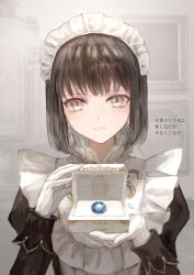 Rule 34 | 1girl, black hair, bob cut, box, closed mouth, earrings, gem, gloves, grey eyes, highres, holding, jewelry, jewelry box, juliet sleeves, keiko (mitakarawa), long sleeves, looking at viewer, maid, maid headdress, original, puffy sleeves, short hair, smile, solo, upper body, white gloves