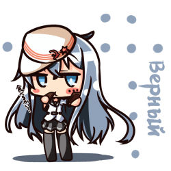 Rule 34 | 1girl, black thighhighs, blue eyes, blush stickers, cake, character name, chibi, cookie, eating, food, futarun (l-take), gingerbread, gingerbread cookie, hammer and sickle, hat, hibiki (kancolle), kantai collection, long hair, no nose, personification, russian text, shadow, silver hair, skirt, solo, star (symbol), thighhighs, translated, uniform, verniy (kancolle)