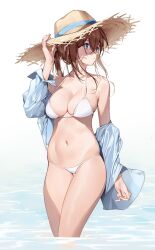 Rule 34 | 1girl, bikini, blue eyes, blue shirt, breasts, brown hair, cowboy shot, hair between eyes, hat, highres, large breasts, looking to the side, low ponytail, lowleg, lowleg bikini, open clothes, open shirt, original, ratto (ratto channel), shirt, simple background, solo, straw hat, sun hat, swimsuit, white background, white bikini