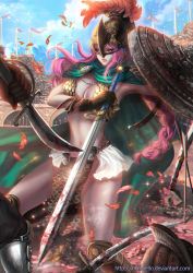 Rule 34 | 1girl, arena, armor, audience, battle, bikini armor, blood, bloody weapon, braid, breasts, cape, cleavage, colosseum, crowd, gladiator, helmet, highres, large breasts, long hair, navel, one piece, pelvic curtain, pink hair, rebecca (one piece), rikamello, shield, single braid, solo focus, stomach, sword, very long hair, watermark, weapon, web address