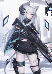 Rule 34 | 1girl, artist name, black gloves, black socks, black shirt, black skirt, blue eyes, closed mouth, commentary request, drone, gloves, gun, heterochromia, highres, holding, holding gun, holding weapon, kneehighs, long sleeves, looking at viewer, mask, mouth mask, nekoya (liu), original, pleated skirt, shirt, signature, skirt, socks, solo, standing, twitter username, weapon, weapon request, yellow eyes