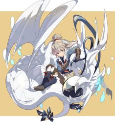 Rule 34 | 1boy, 1other, chibi, corrin (dragon) (fire emblem), corrin (female) (fire emblem), corrin (fire emblem), dragon, fang, fire emblem, fire emblem fates, flying, komoreg, looking at viewer, nintendo, ponytail, red eyes, riding, simple background, solo, takumi (fire emblem), white hair