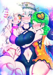 Rule 34 | 3girls, :3, anchor symbol, bikini, black flower, black one-piece swimsuit, black rose, black wings, breasts, choker, closed mouth, clothing cutout, doll joints, drill hair, feathered wings, flower, flower eyepatch, grey hair, hairband, hakkasame, hug, joints, kanaria, kirakishou, large breasts, lolita hairband, long hair, looking at another, multiple girls, navel, navel cutout, one-piece swimsuit, orange eyes, orange one-piece swimsuit, purple bikini, purple choker, rose, rozen maiden, smile, suigintou, swimsuit, tongue, tongue out, twitter username, white flower, white hair, white rose, wings